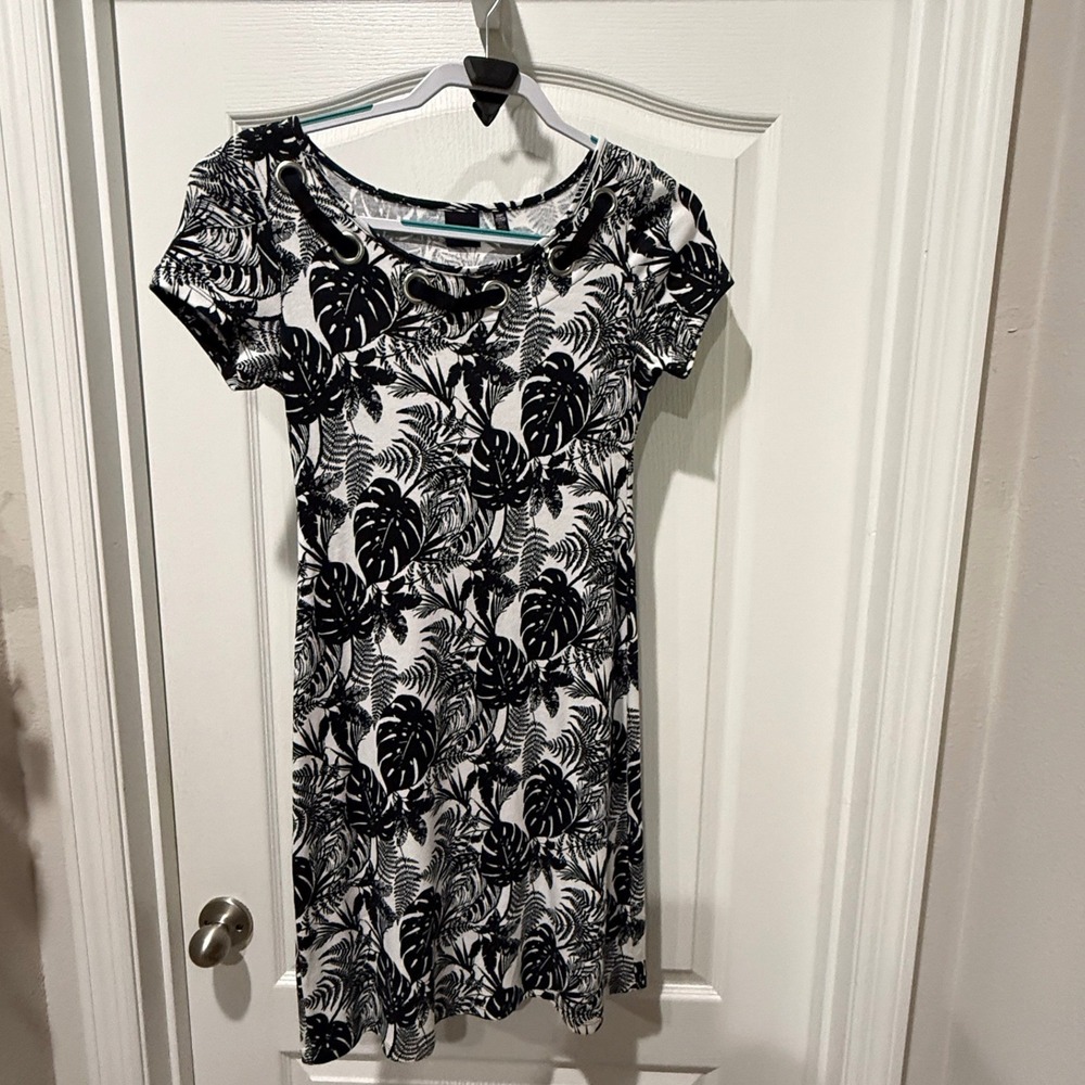 Rafaella Womens Petite XS Black White Tropical Palm Leaf Grommet Cotton 2496